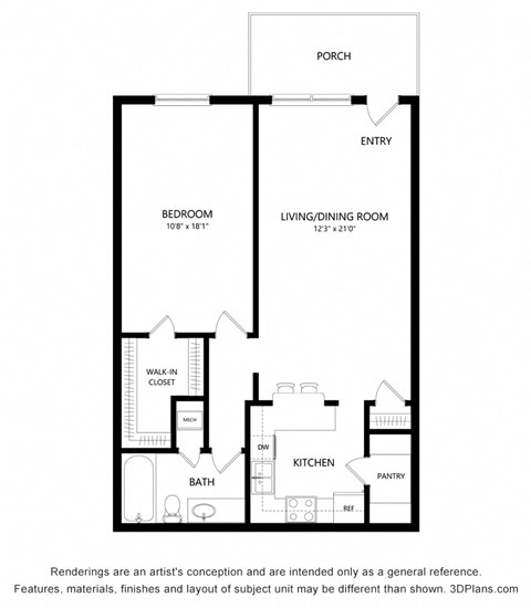 Floor plan for 1 bed, 1 bath, 740 sqft